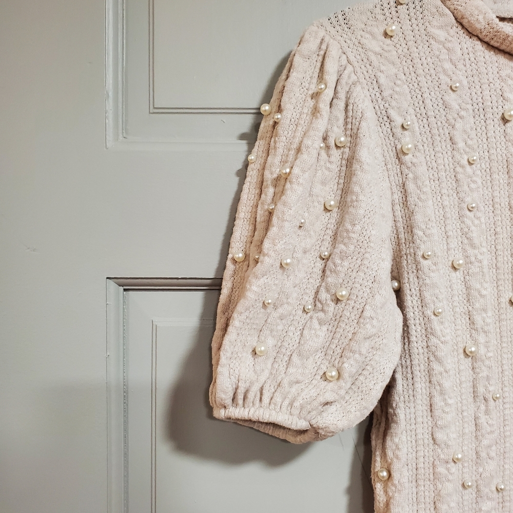 Zara Top women Puff Sleeves Knit Sweater Cream Textured Pearls Medium Preppy - Picture 3 of 8